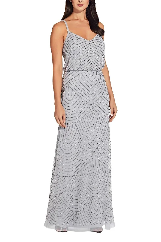 Spaghetti Strap V-Neck Blouson Zipper Back Embellished Mesh Dress