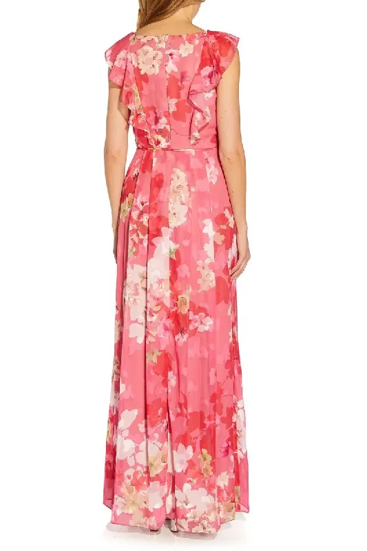 V-Neck Cap Sleeves Back Zipper Long Chiffon Dress