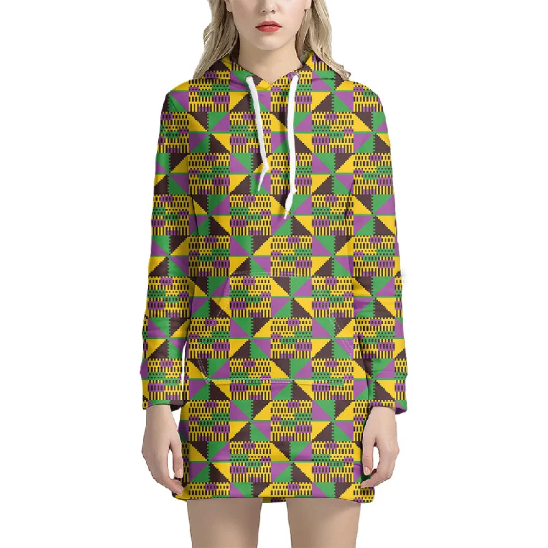 African Kente Pattern Print Pullover Hoodie Dress