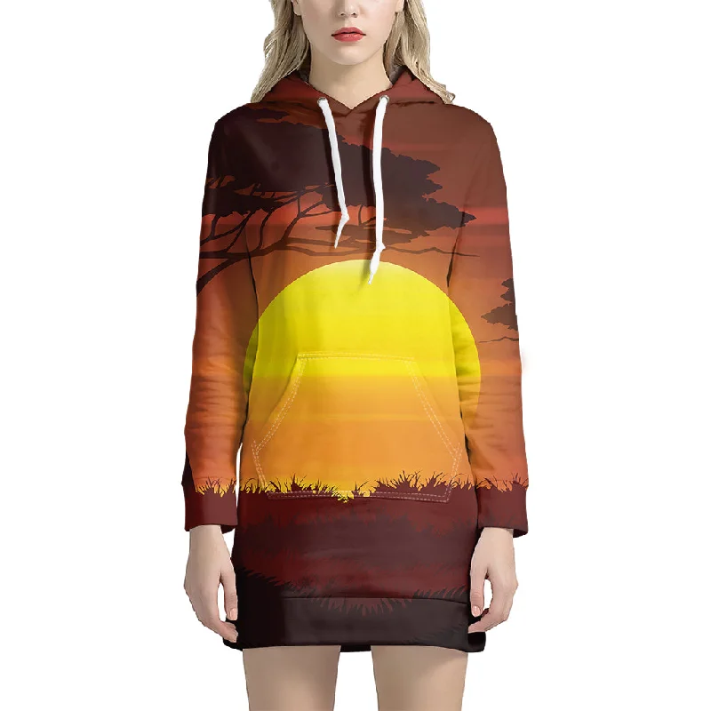 African Savanna Sunset Print Pullover Hoodie Dress