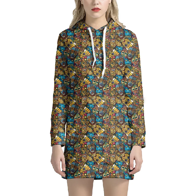 African Totem Masks Pattern Print Pullover Hoodie Dress