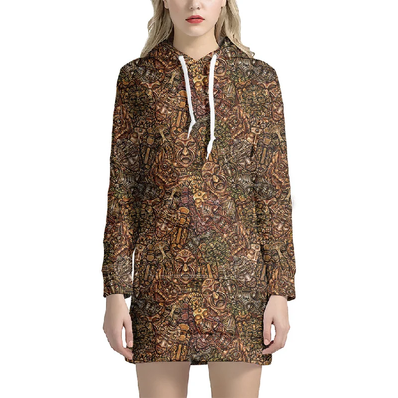 African Totem Pattern Print Pullover Hoodie Dress