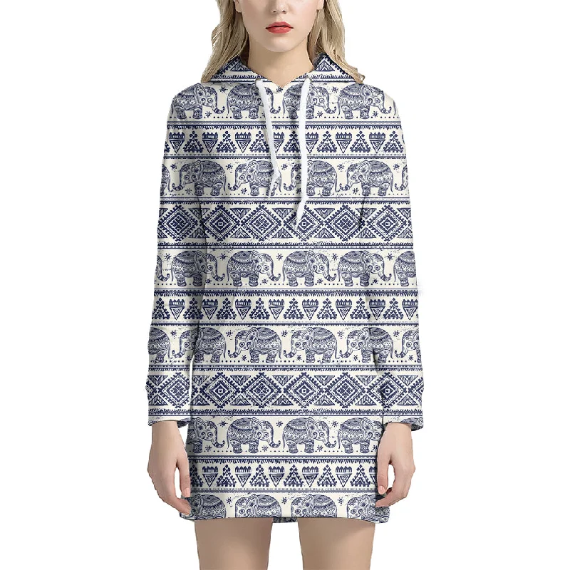 African Tribal Elephant Pattern Print Pullover Hoodie Dress