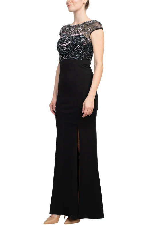 Embellished Mesh Bodice Crew Neck Cap Sleeve Keyhole Back Stretch Crepe Dress