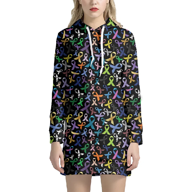 All Cancer Awareness Pattern Print Pullover Hoodie Dress