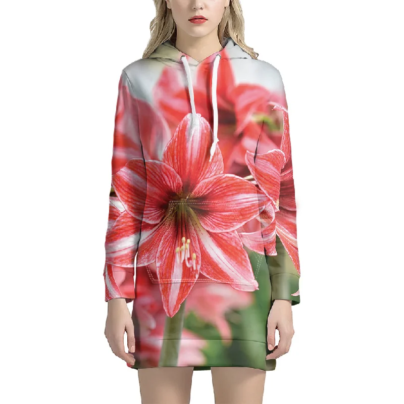 Amaryllis Flower Print Pullover Hoodie Dress