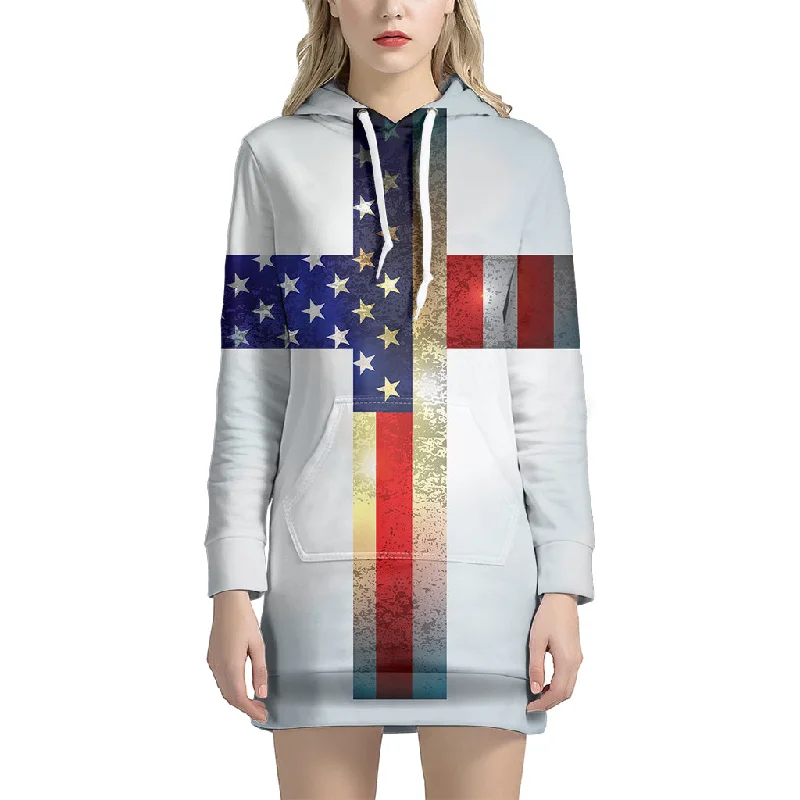 American Christian Cross Flag Print Pullover Hoodie Dress