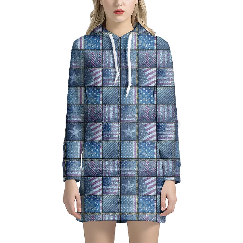 American Denim Patchwork Pattern Print Pullover Hoodie Dress