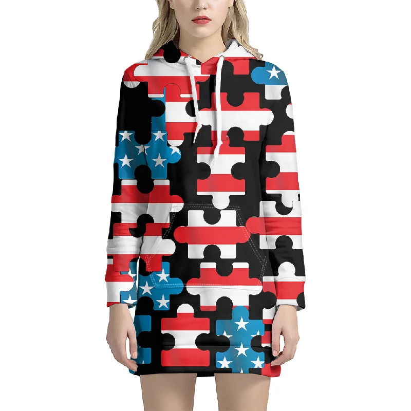 American Flag Jigsaw Puzzle Print Pullover Hoodie Dress