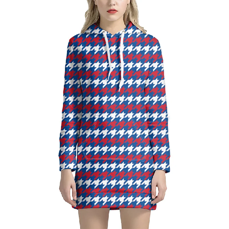 American Houndstooth Pattern Print Pullover Hoodie Dress