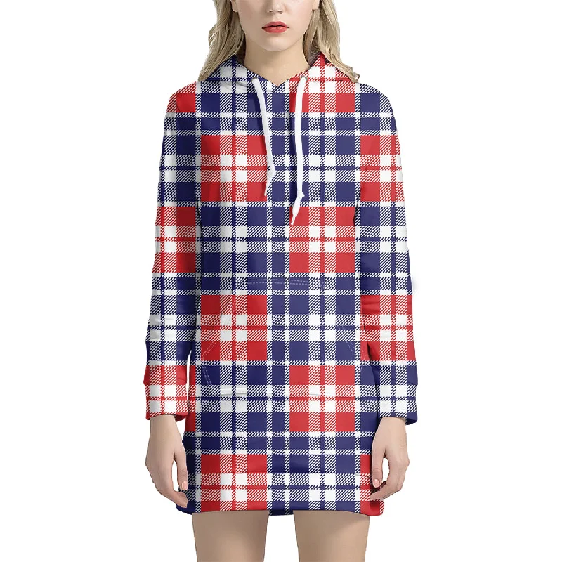 American Independence Day Plaid Print Pullover Hoodie Dress