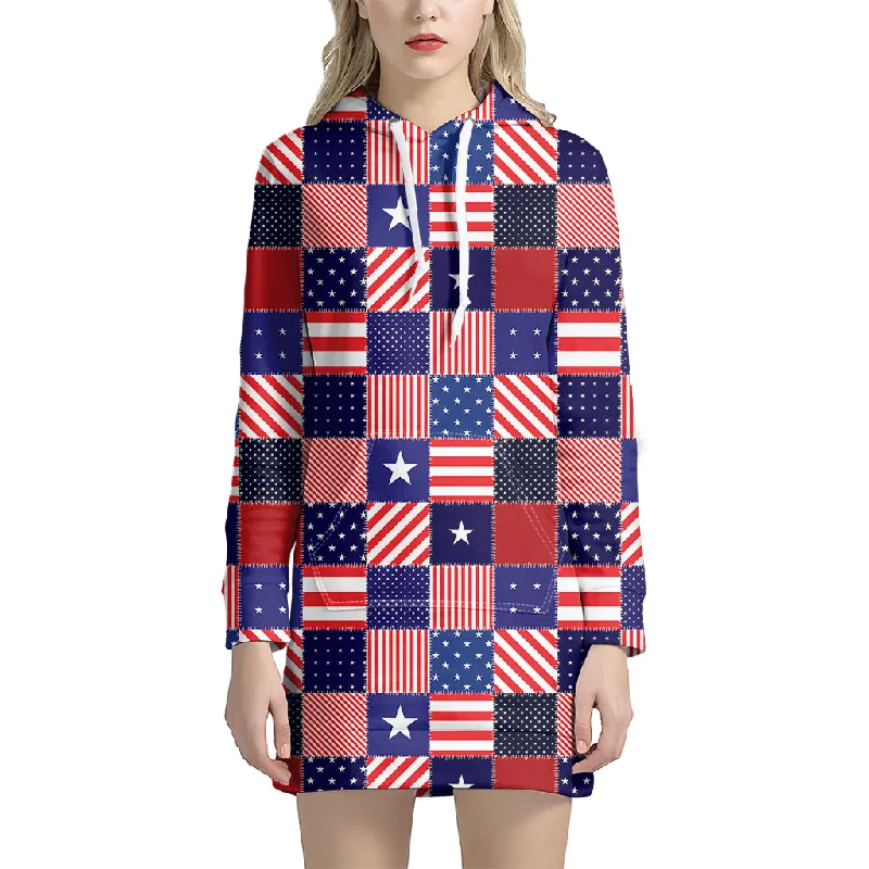 American Patriotic Patchwork Print Pullover Hoodie Dress