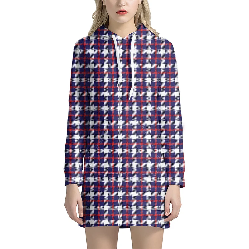 American Patriotic Plaid Print Pullover Hoodie Dress