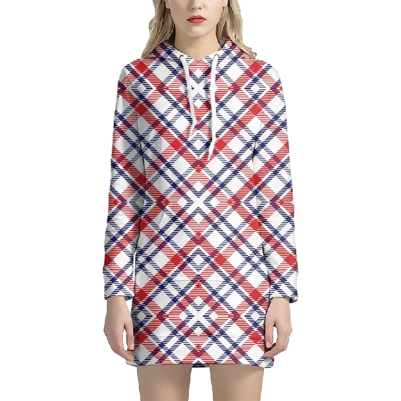 American Plaid Pattern Print Pullover Hoodie Dress