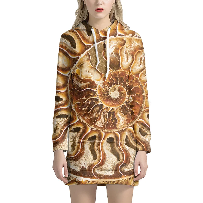 Ammonite Fossil Print Pullover Hoodie Dress