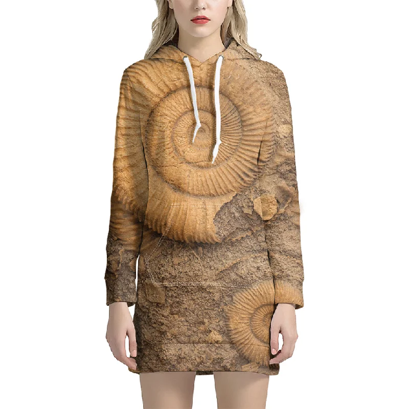 Ammonite Shell Fossil Print Pullover Hoodie Dress