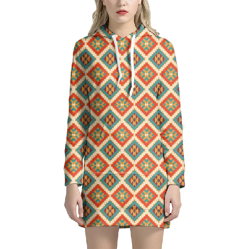 Ancient Geometric Navajo Print Pullover Hoodie Dress