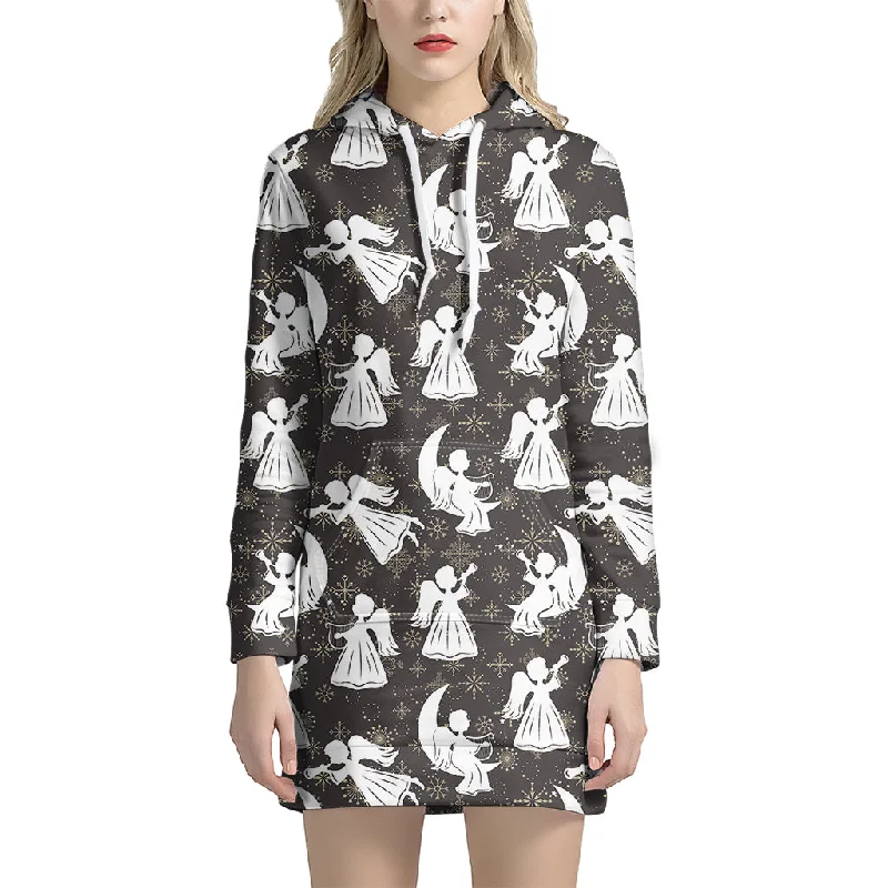 Angel And Snowflake Pattern Print Pullover Hoodie Dress