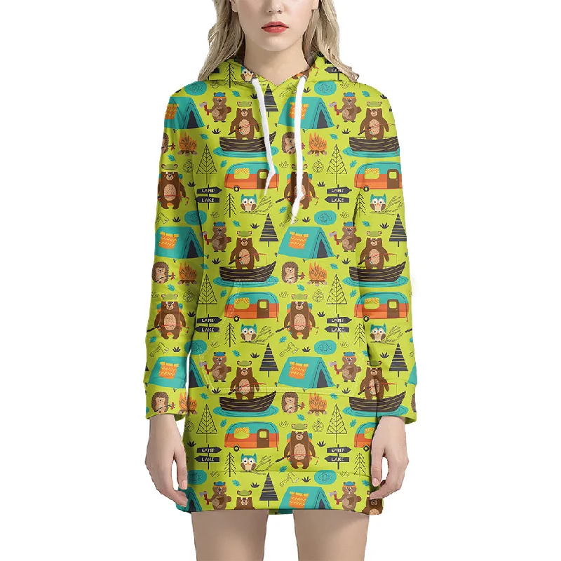 Animal Camping Pattern Print Pullover Hoodie Dress