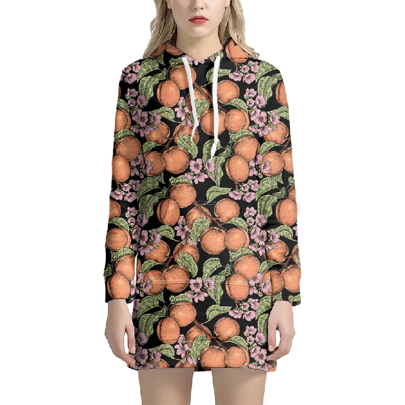 Apricot And Flower Pattern Print Pullover Hoodie Dress