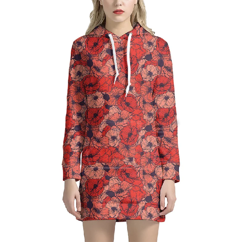 Armistice Day Poppy Pattern Print Pullover Hoodie Dress