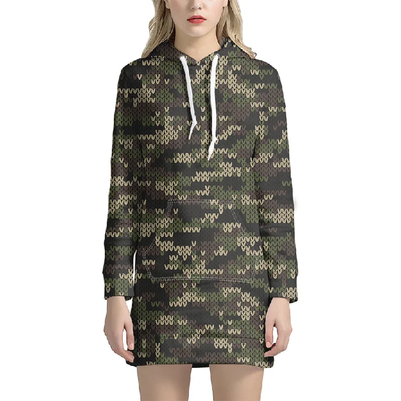 Army Camouflage Knitted Pattern Print Pullover Hoodie Dress