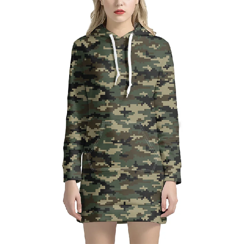 Army Green Digital Camo Pattern Print Pullover Hoodie Dress