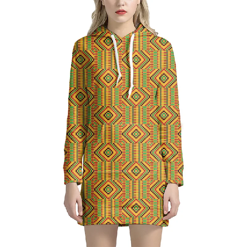 Ashanti Kente Pattern Print Pullover Hoodie Dress