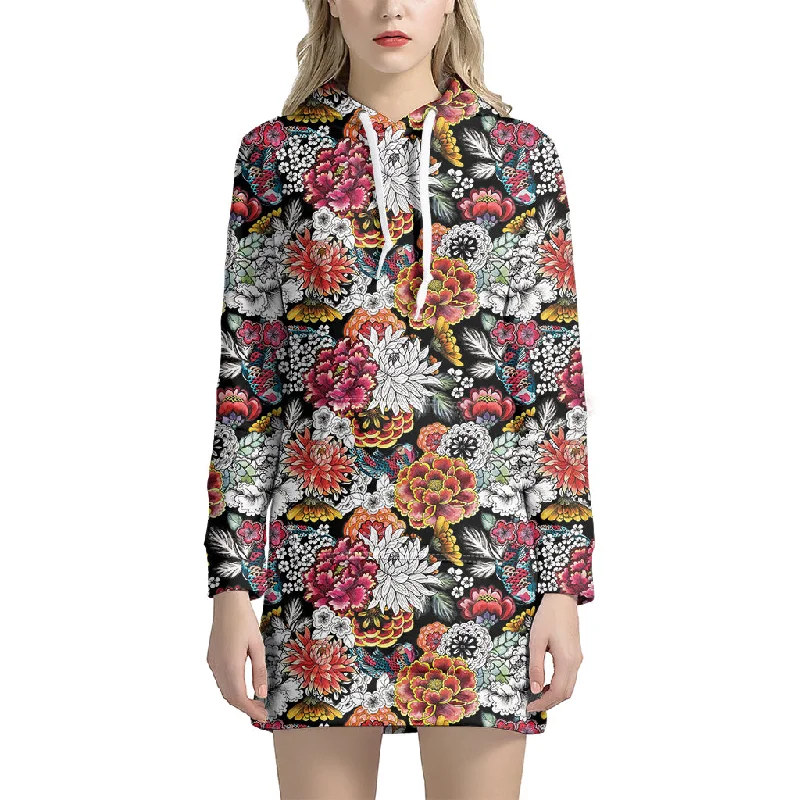 Asian Chrysanthemum Pattern Print Pullover Hoodie Dress