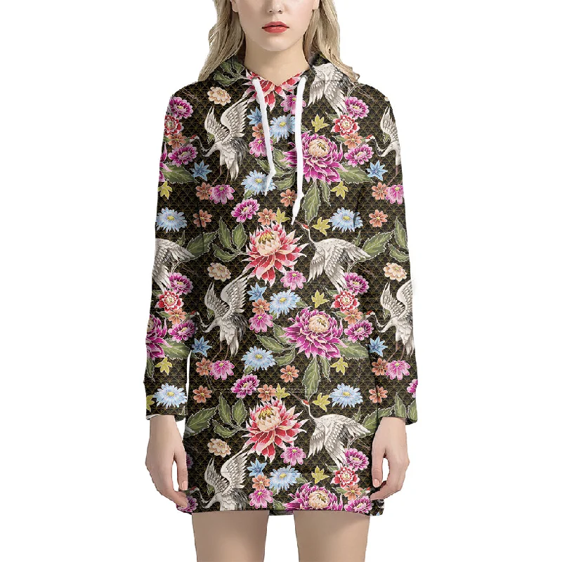 Asian Crane Bird Pattern Print Pullover Hoodie Dress