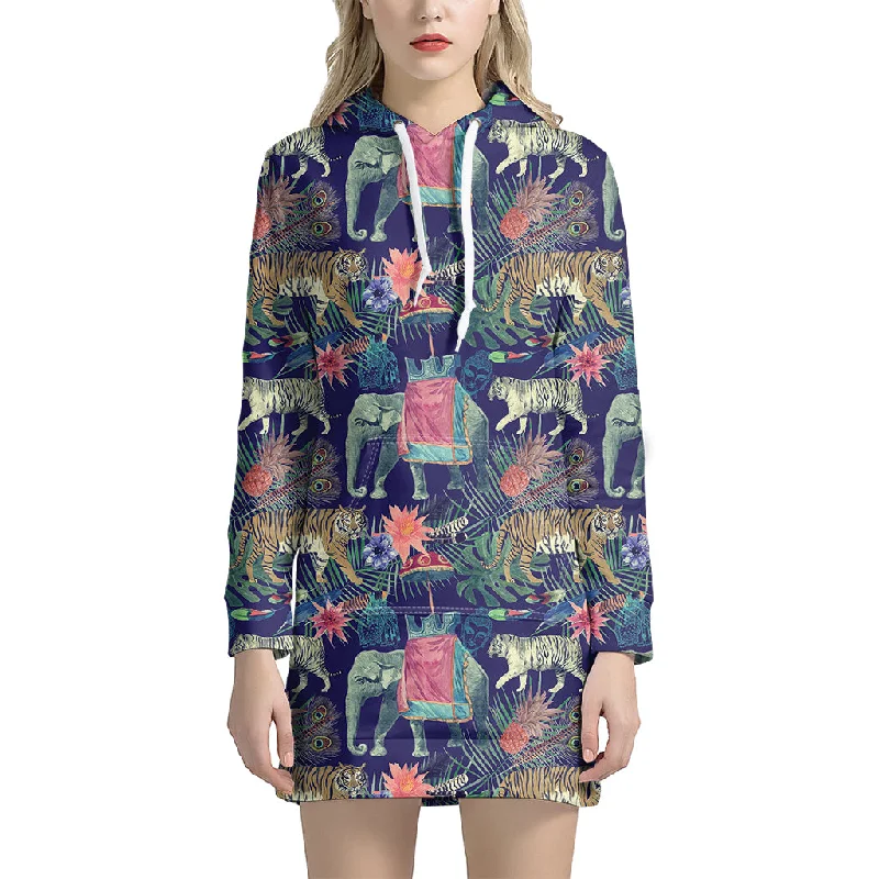 Asian Elephant And Tiger Print Pullover Hoodie Dress