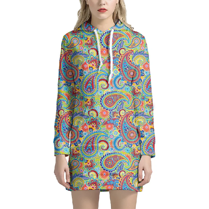 Asian Paisley Pattern Print Pullover Hoodie Dress