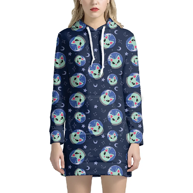 Astronaut Alien Cat Print Pullover Hoodie Dress