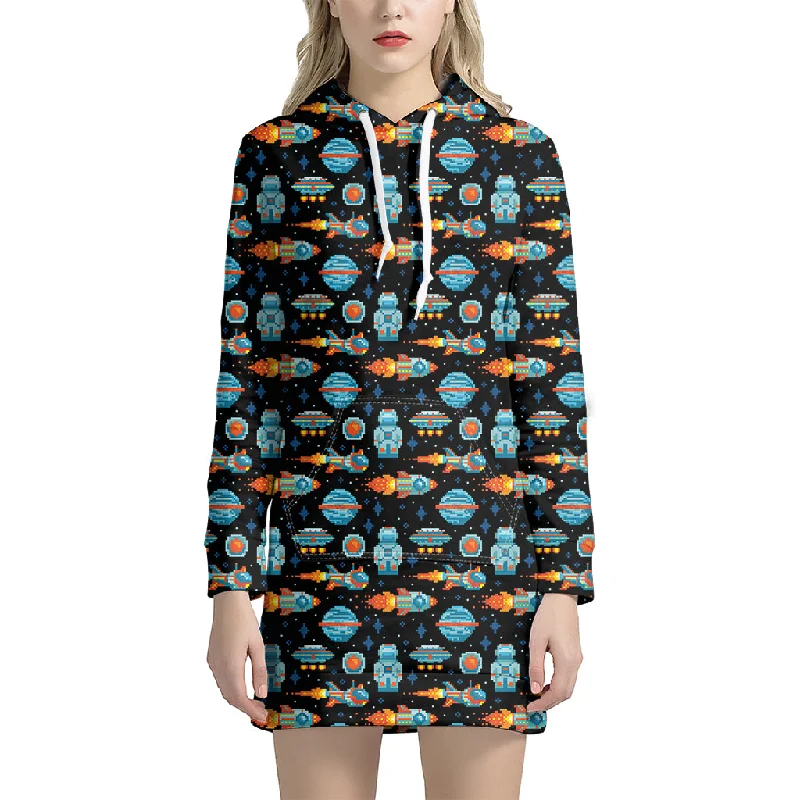 Astronaut And Space Pixel Pattern Print Pullover Hoodie Dress
