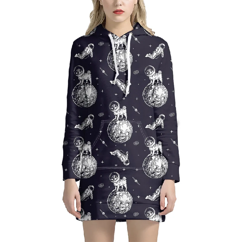 Astronaut Pug In Space Pattern Print Pullover Hoodie Dress