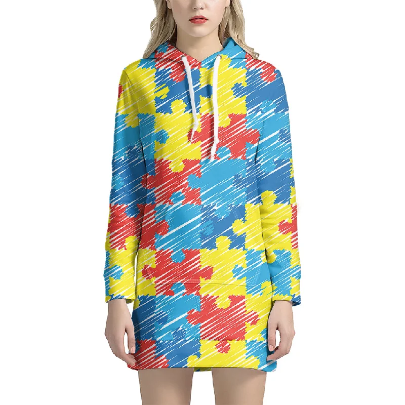 Autism Awareness Drawing Puzzle Print Pullover Hoodie Dress