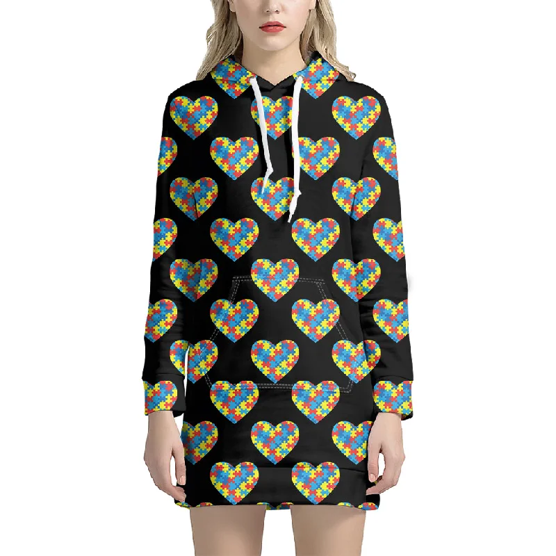 Autism Awareness Heart Pattern Print Pullover Hoodie Dress