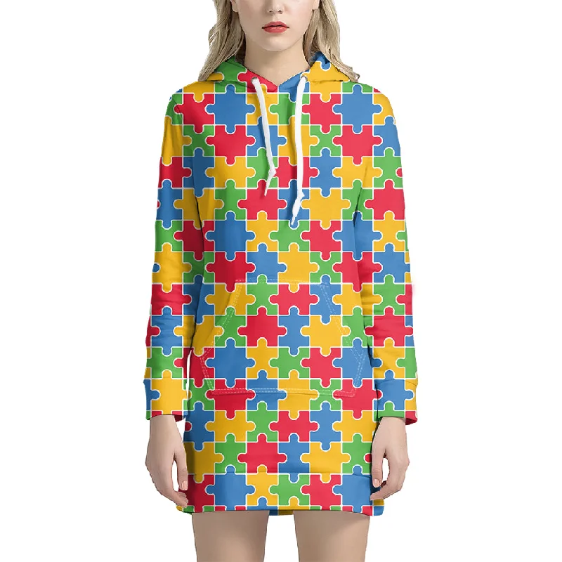 Autism Awareness Jigsaw Pattern Print Pullover Hoodie Dress