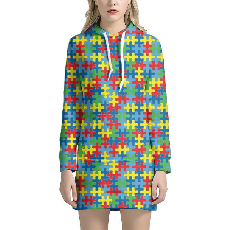 Autism Awareness Jigsaw Print Pullover Hoodie Dress
