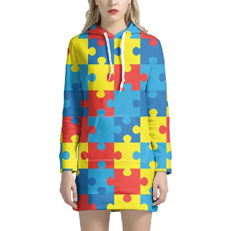 Autism Awareness Pattern Print Pullover Hoodie Dress