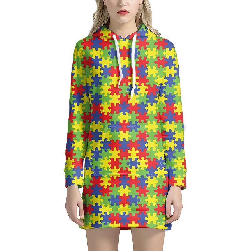 Autism Awareness Puzzle Pattern Print Pullover Hoodie Dress