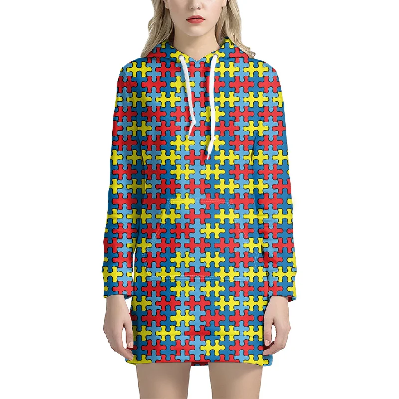 Autism Awareness Puzzle Print Pullover Hoodie Dress