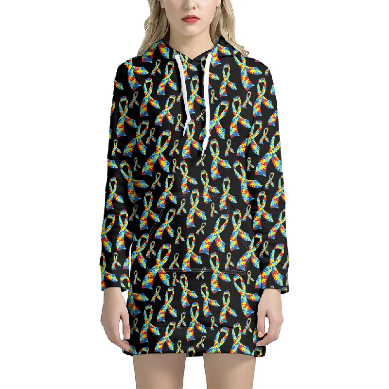 Autism Awareness Ribbon Pattern Print Pullover Hoodie Dress