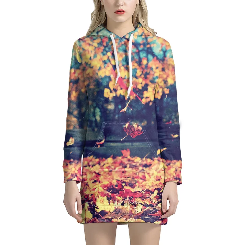 Autumn Leaves Print Pullover Hoodie Dress