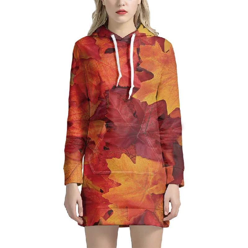 Autumn Maple Leaf Print Pullover Hoodie Dress