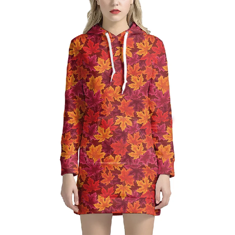 Autumn Maple Leaves Pattern Print Pullover Hoodie Dress