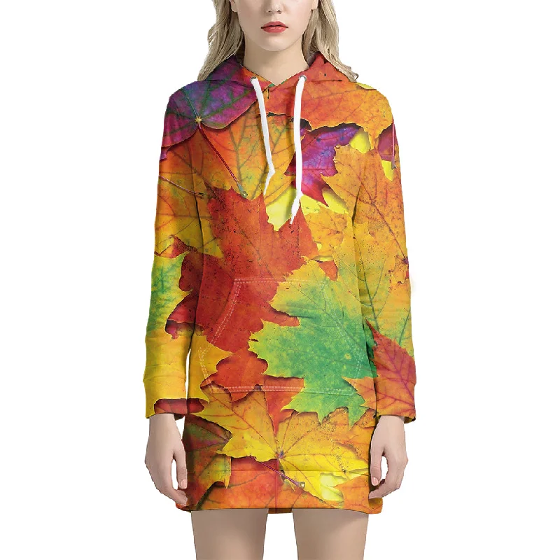Autumn Maple Leaves Print Pullover Hoodie Dress