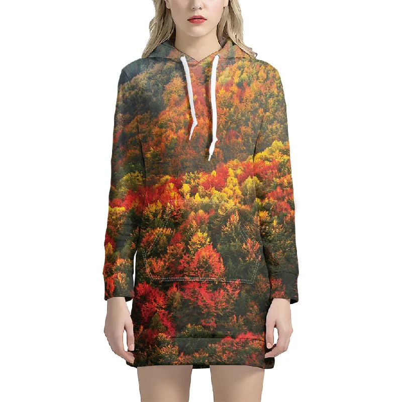 Autumn Mountain Print Pullover Hoodie Dress