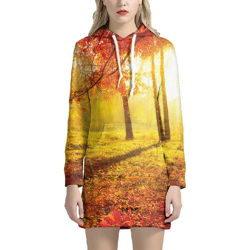 Autumn Trees Print Pullover Hoodie Dress