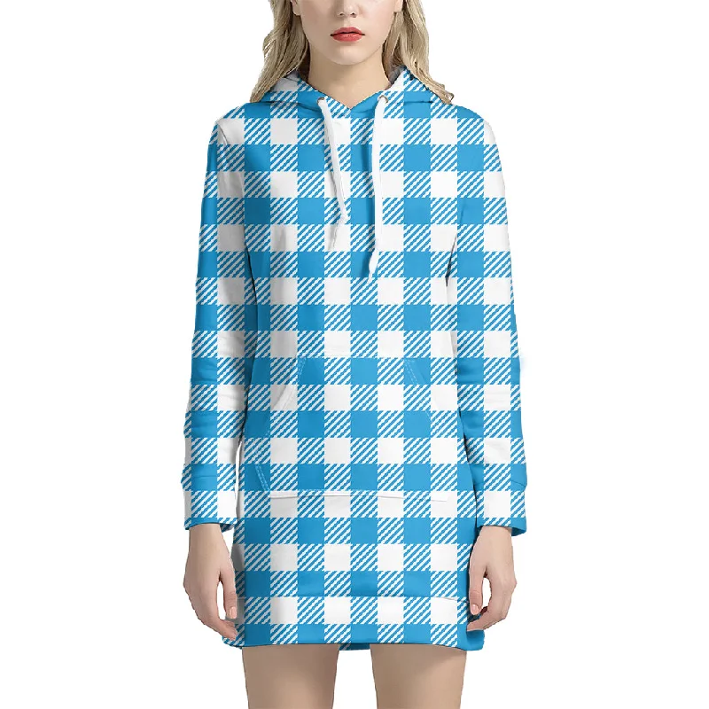 Azure Blue And White Gingham Print Pullover Hoodie Dress